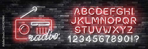 Vector realistic isolated neon sign of Radio with easy to change color alphabet font logo for decoration and covering on the wall background. Concept of broadcasting and dj.