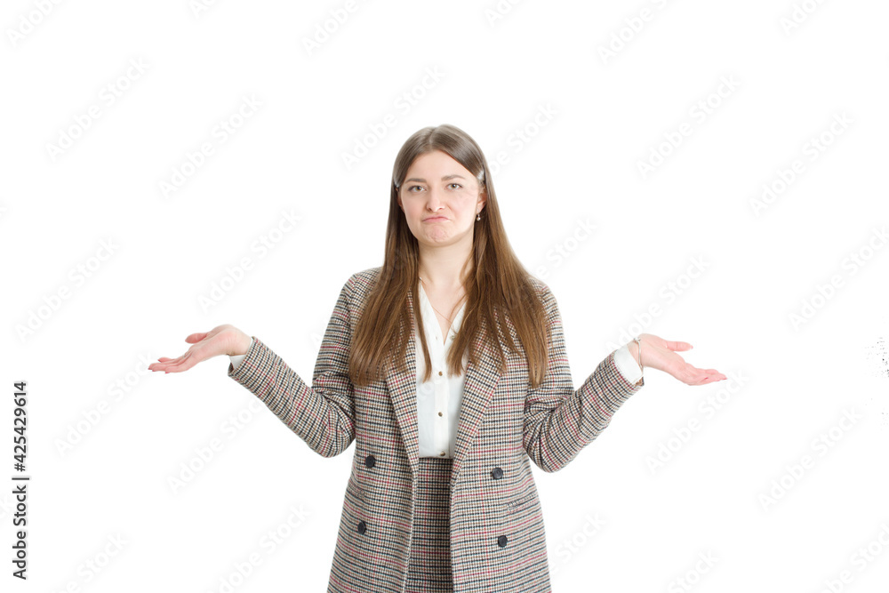 portrait of a young business woman in a plaid jacket. portrait of a young business woman in a plaid jacket.