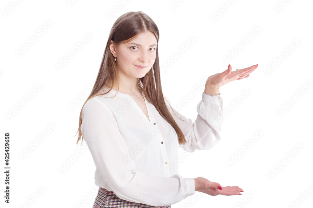 portrait of a young businesswoman in a white shirt and plaid skirt. portrait of a young businesswoman in a white shirt and plaid skirt.
