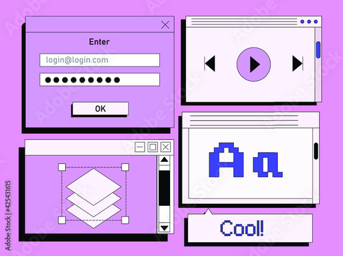 Set of flat retrowave UI and UX elements: dialog box, tab, button, modal window.