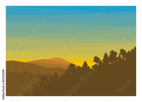 Mountain and forest silhouette. Simple flat illustration.