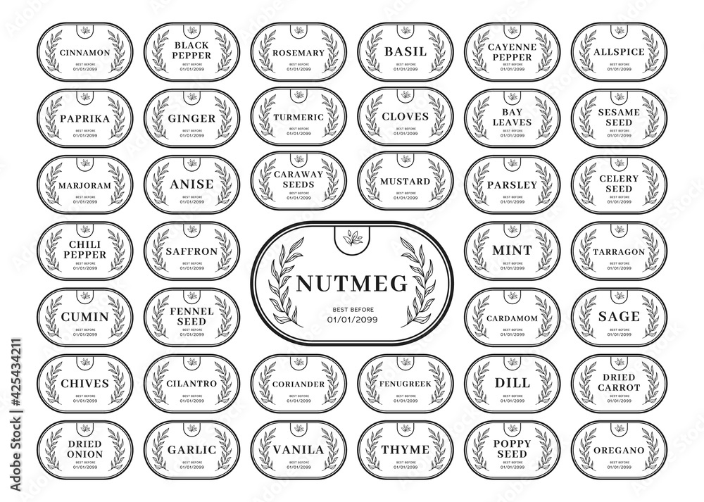 Kitchen seasoning label sticker jar with rustic natural wreath herbs frame decoration for 39 set of spices
