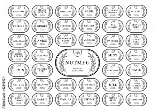 Kitchen seasoning label sticker jar with rustic natural wreath herbs frame decoration for 39 set of spices