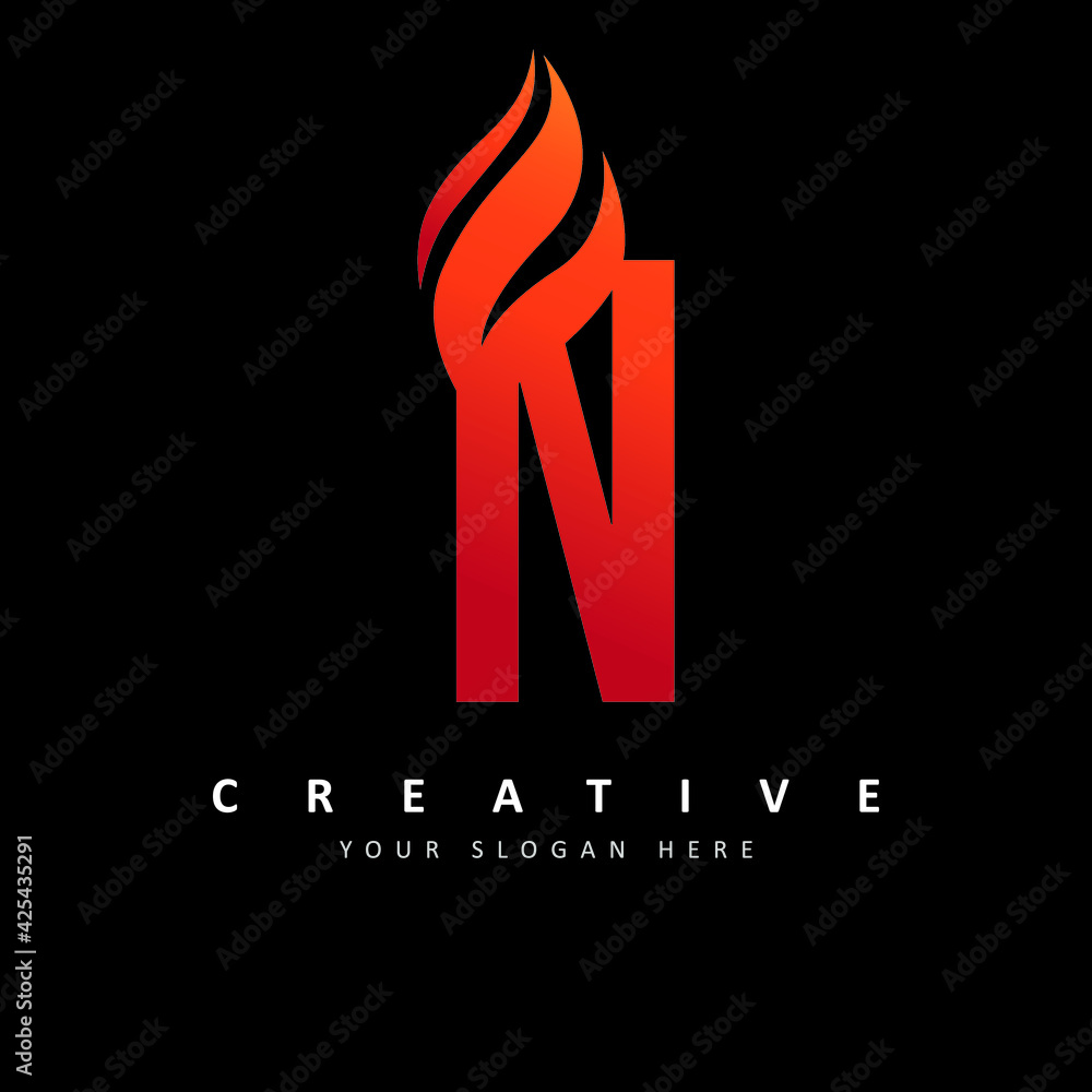 Letter N Logo Design With Fire Flames Vector Illustration