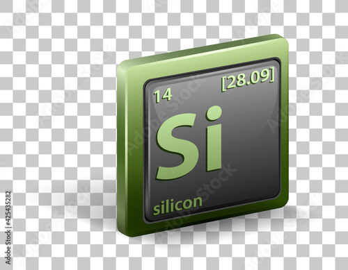 Silicon chemical element. Chemical symbol with atomic number and atomic mass.