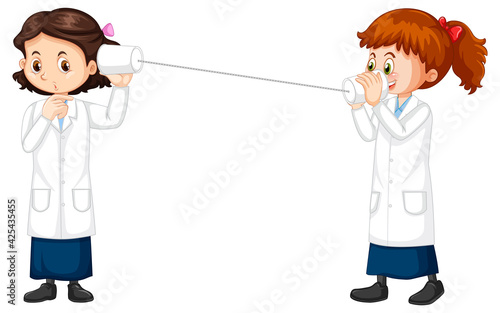 Two scientist girls cartoon character string phone experiment