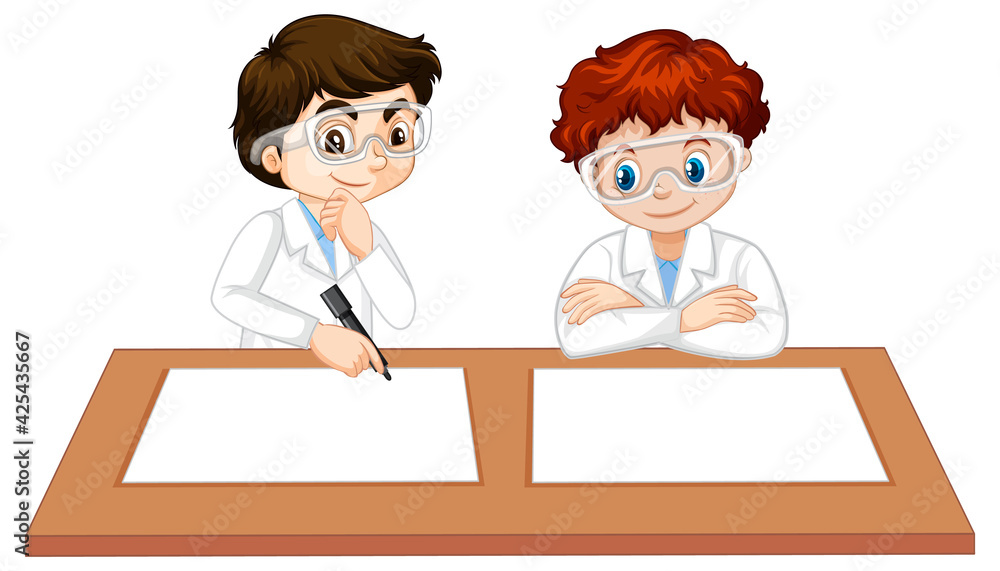 Two boys wearing scientist gown with empty paper on the table Two boys wearing scientist gown with empty paper on the table