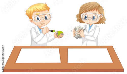 Boy and girl wearing scientist gown with empty paper on the table