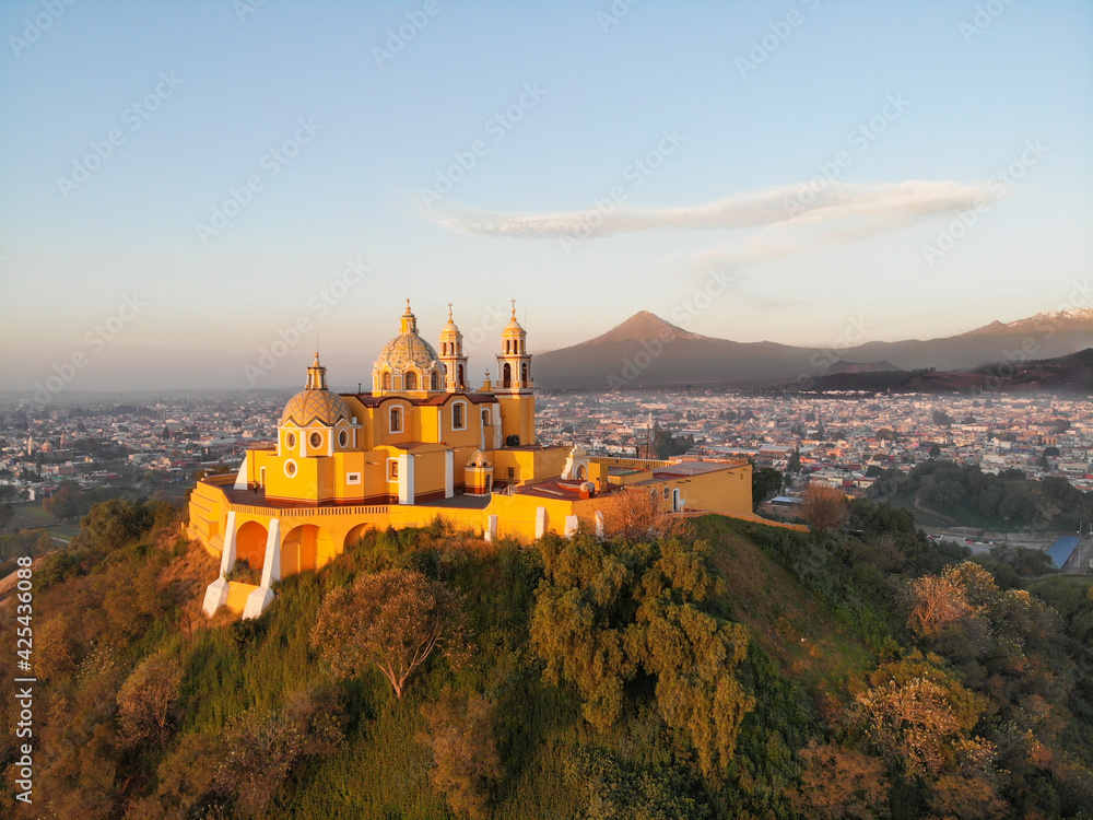 Cholula Church with Popocatepetl in the Background