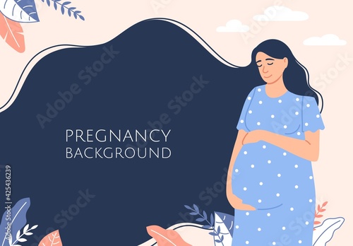 Pregnant woman with long dark hair background. Flat happy smiling young mother expecting a baby. Prenatal care. Pregnancy concept. Motherhood banner design. Cartoon child birth vector illustration.
