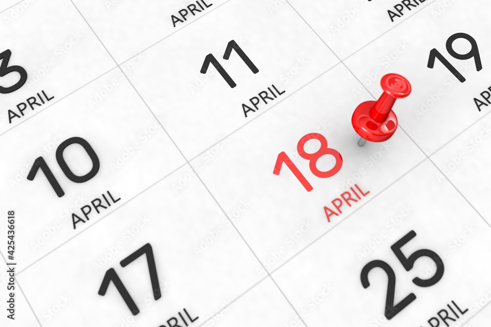 3d rendering of important days concept. April 18th. Day 18 of month. Red date written and pinned on a calendar. Spring month, day of the year. Remind you an important event or possibility. 3d rendering of important days concept. April 18th. Day 18 of month. Red date written and pinned on a calendar. Spring month, day of the year. Remind you an important event or possibility.