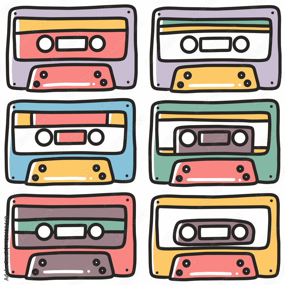 Fototapeta premium hand drawn radio cassette doodle set
