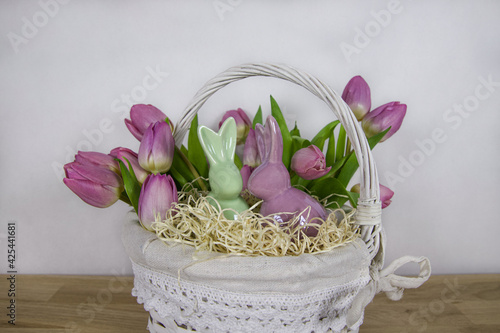 Basket with spring flowers and decoration.