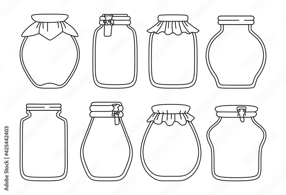 Glass empty jar doodle black line set. Contour label packaging jam drawing for notes, date or price. Cartoon juice tag or sticker. Frame product farmer market outline mockup vector illustration Glass empty jar doodle black line set. Contour label packaging jam drawing for notes, date or price. Cartoon juice tag or sticker. Frame product farmer market outline mockup vector illustration