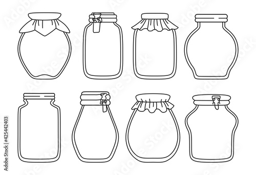 Glass empty jar doodle black line set. Contour label packaging jam drawing for notes, date or price. Cartoon juice tag or sticker. Frame product farmer market outline mockup vector illustration
