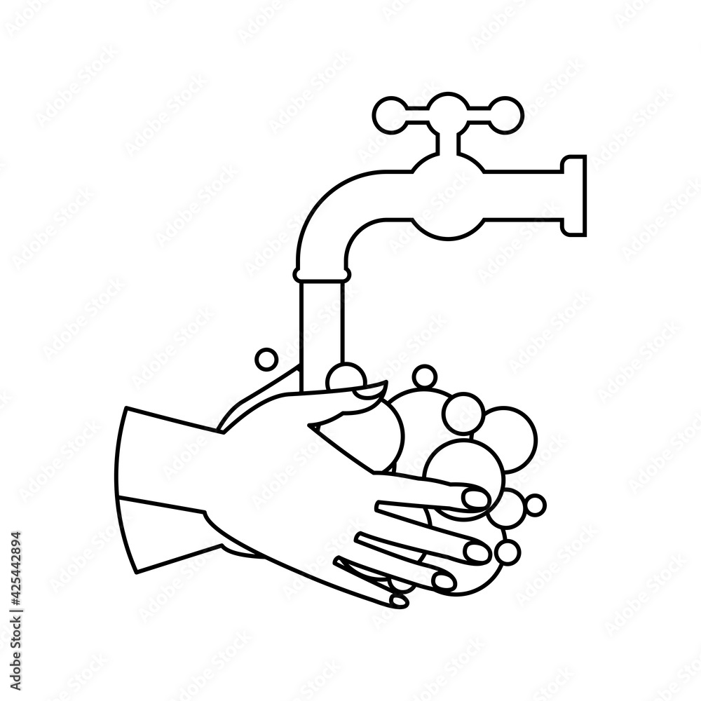 hand hygiene, linear icon man washes his hands with soap, water runs from the tap to human palms, wash your hands to protect against the virus