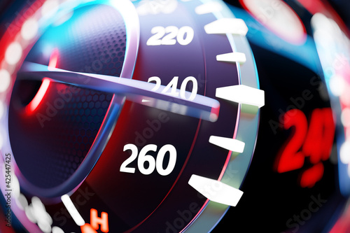 3D illustration of the new car interior details. Speedometer shows a maximum speed of 247 km  h, tachometer with red backlight. Design and interior of a modern car.. .