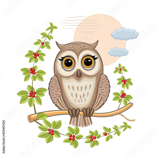 Isolated vector illustration of an owl sitting on a branch. On a white background.