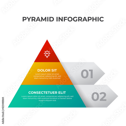 Pyramid list infographic element template with 2 point, bullet, triangle shape, row diagram with level for presentation, etc