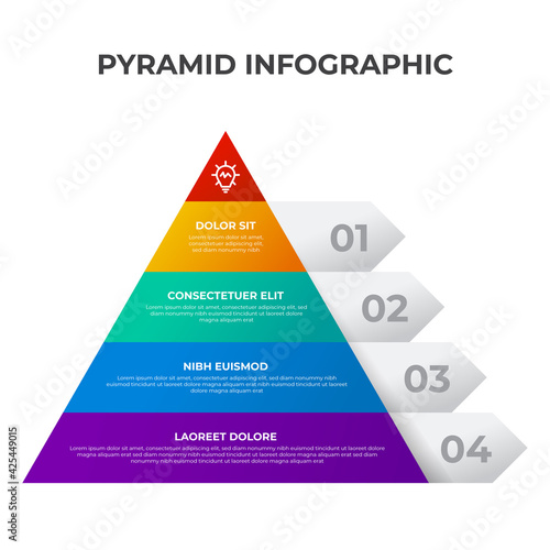 Pyramid list infographic element template with 4 point, bullet, triangle shape, row diagram with level for presentation, etc