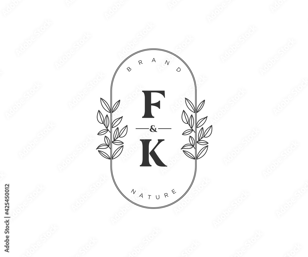 initial FK letters Beautiful floral feminine editable premade monoline ...