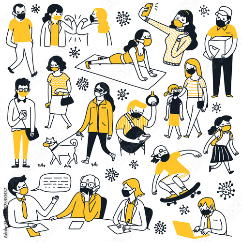 Doodle set of various character of people wearing facial medical masks in awareness of Covid-19 outbreak. Hand drawn sketch design, simple style.