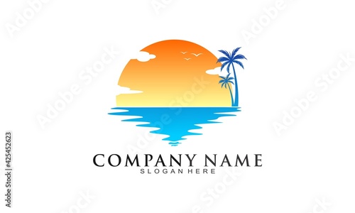 Sea and coconut tree beautiful vector logo