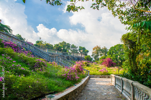Singapore 28th Mar 2021  Tourists are taking photo in  Terrace Garden of Telok Blangah Hill Park . A popular spot for wedding couples  it consists of a series of semi-circular terraces.
