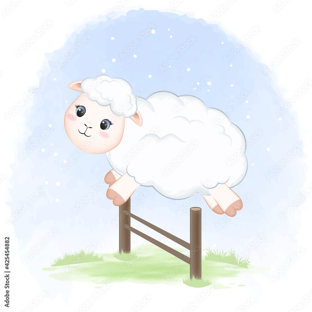 Cute Sheep jumping over the fence cartoon hand drawn illustration Stock ...