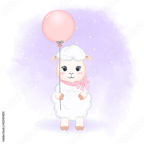 Cute Little Sheep and balloon cartoon hand drawn illustration