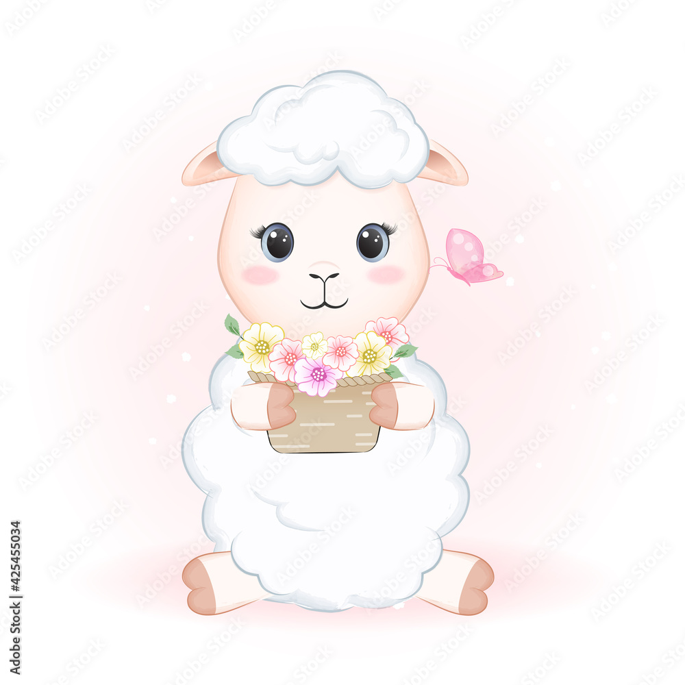 Cute Little Sheep and flowers in basket with butterfly hand drawn illustration Cute Little Sheep and flowers in basket with butterfly hand drawn illustration