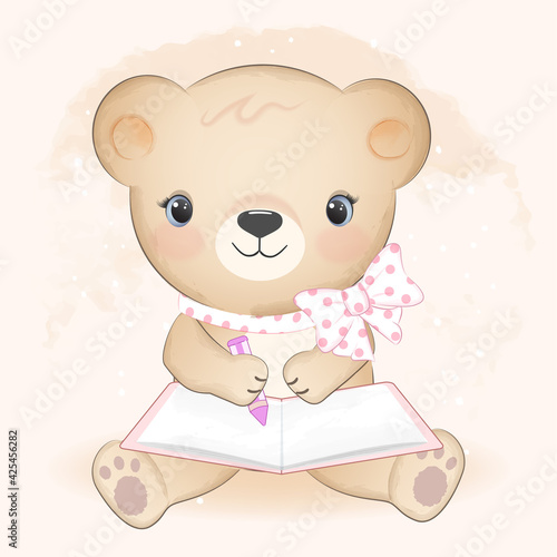 Cute little bear and book hand drawn illustration