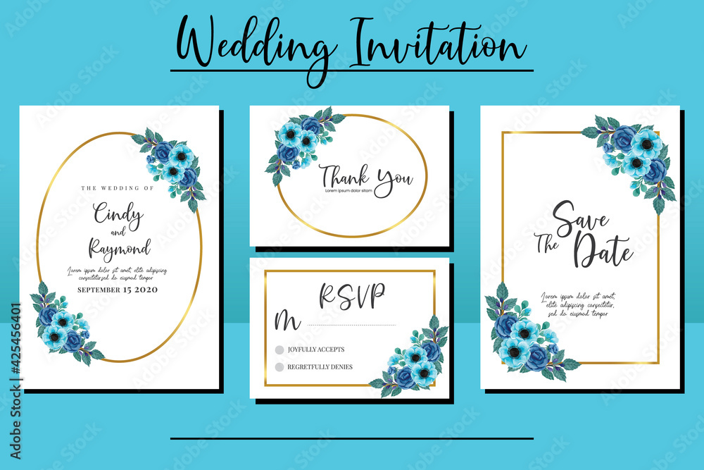 Wedding invitation frame set, floral watercolor hand drawn Blue Rose and Anemone Flower design Invitation Card Template