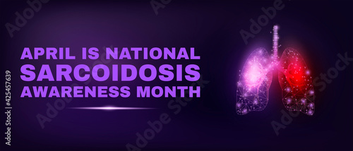 Lungs. April is national sarcoidosis awareness month.  Banner template with  glowing low poly lungs. Modern abstract dark background. Vector illustration.