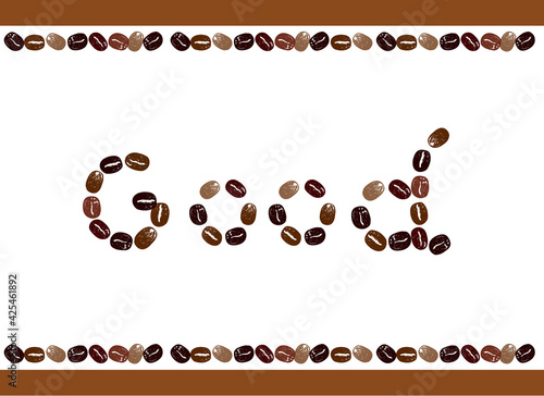 コーヒーのイラスト。かわいいコーヒー豆のイラストとアルファベットのメッセージ入り。アイコンイラスト。