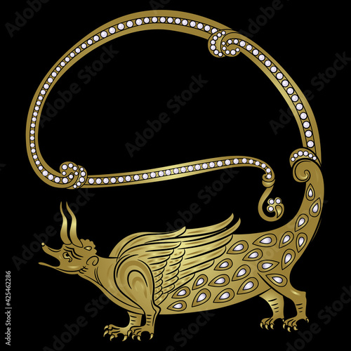 Fantastic medieval dragon with long tail. Gothic style. Illuminated manuscript art. Golden glossy silhouette adorned with pearls on black background.