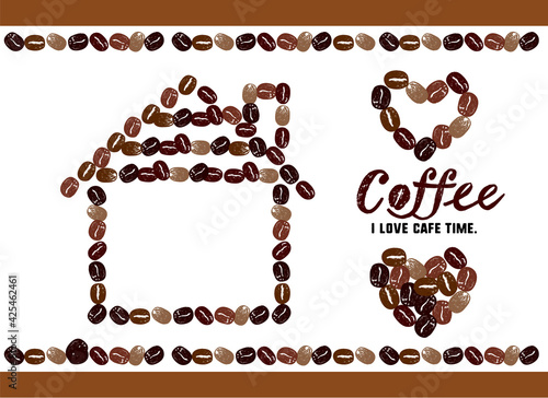 コーヒーのイラスト。かわいいコーヒー豆の家のイラストとメッセージ入り。フレームイラスト。