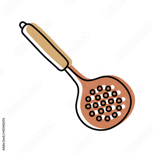 Skimmer. Kitchenware sketch. Doodle line vector kitchen utensil and tool. Cutlery illustration