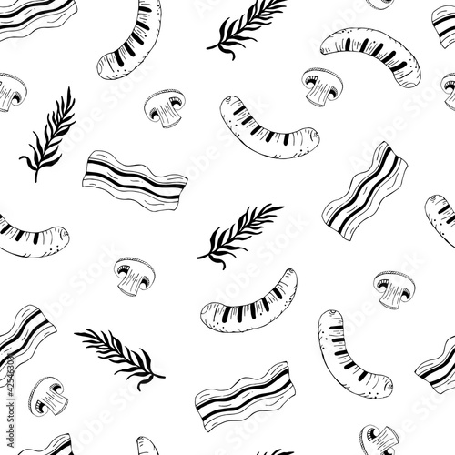 Barbecue seamless vector pattern. Meat products, bacon and sausages. Mushrooms and rosemary. Black silhouettes, doodle.