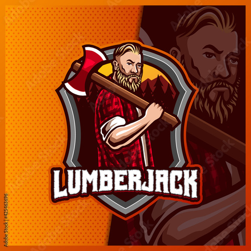 Lumberjack mascot esport logo design illustrations vector template, Angry Lumberjack with Axe logo for team game streamer youtuber banner twitch discord