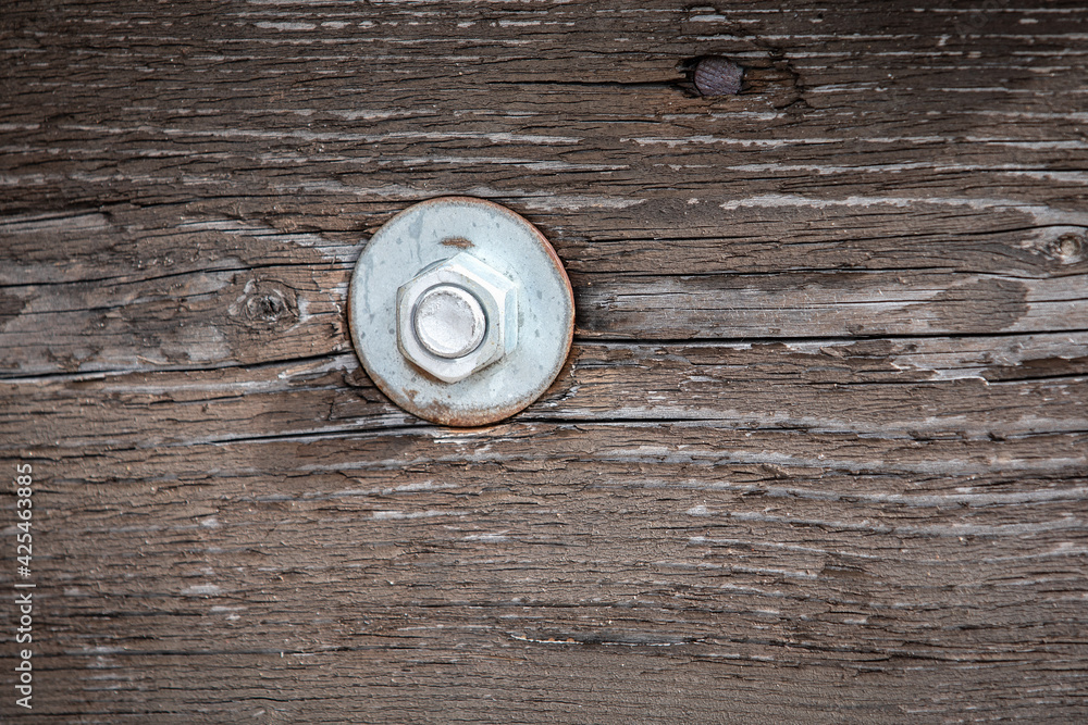Bolt in Wooden Construction. Old Painted Wood Bolt in Wooden Construction. Old Painted Wood