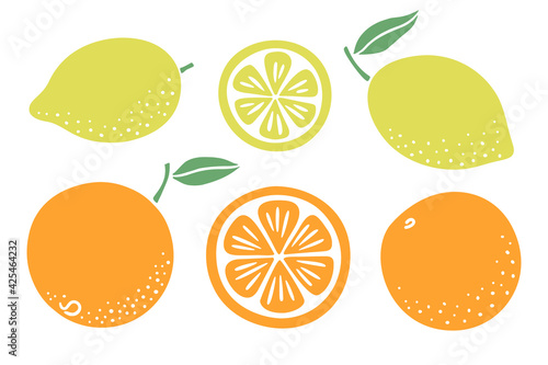 Set of citrus fruit illustrations. Lemon and orange as slices and whole fruits with stem and leaf.