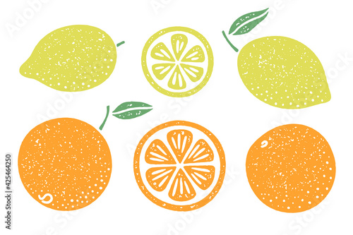 Set of citrus fruit illustrations. Lemons and oranges with a grainy texture. Slices and whole fruits with stem and leaf.