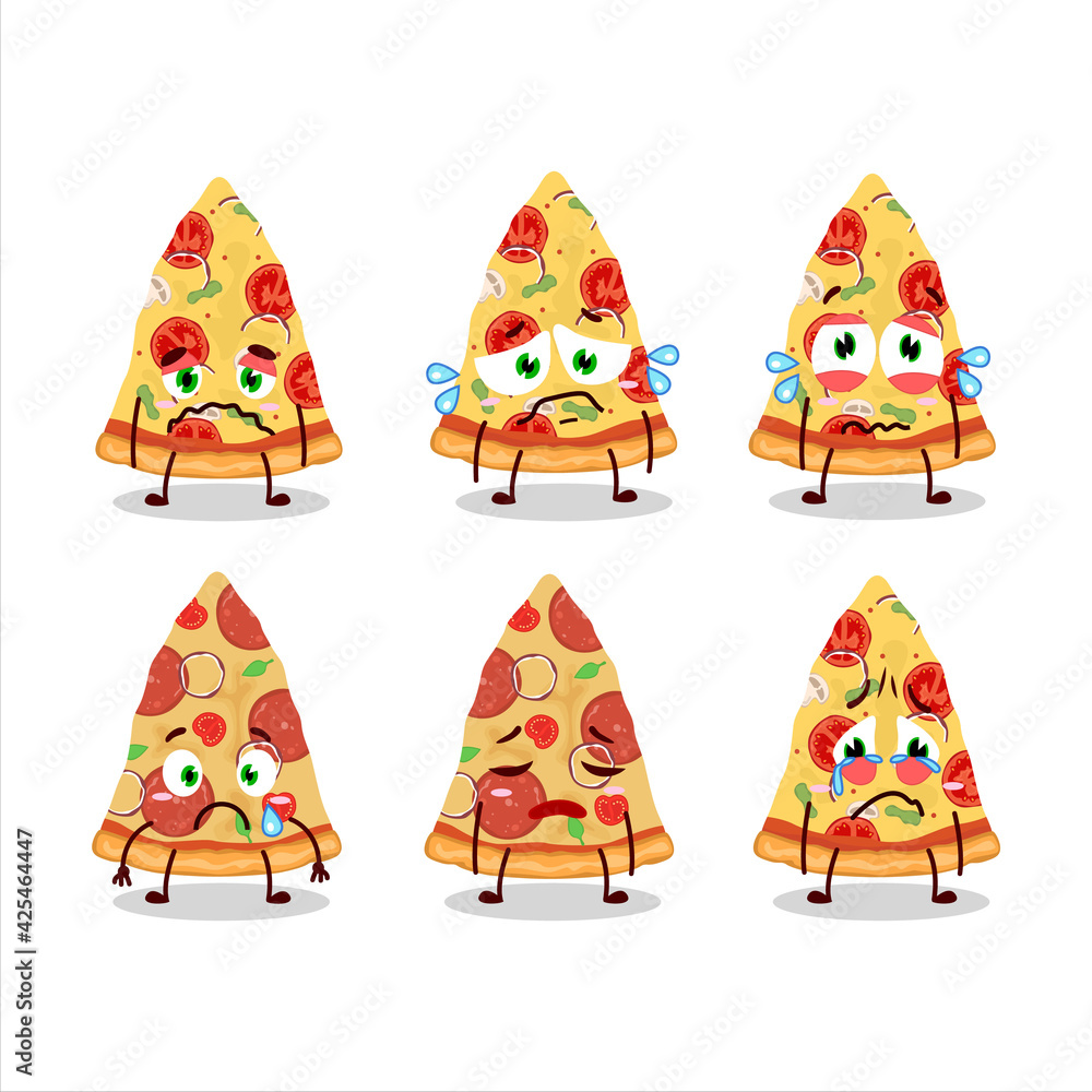 Slice of tomato cheese pizza cartoon character with sad expression Slice of tomato cheese pizza cartoon character with sad expression