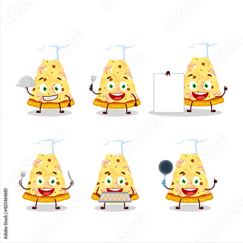 Cartoon character of slice of marinara pizza with various chef emoticons