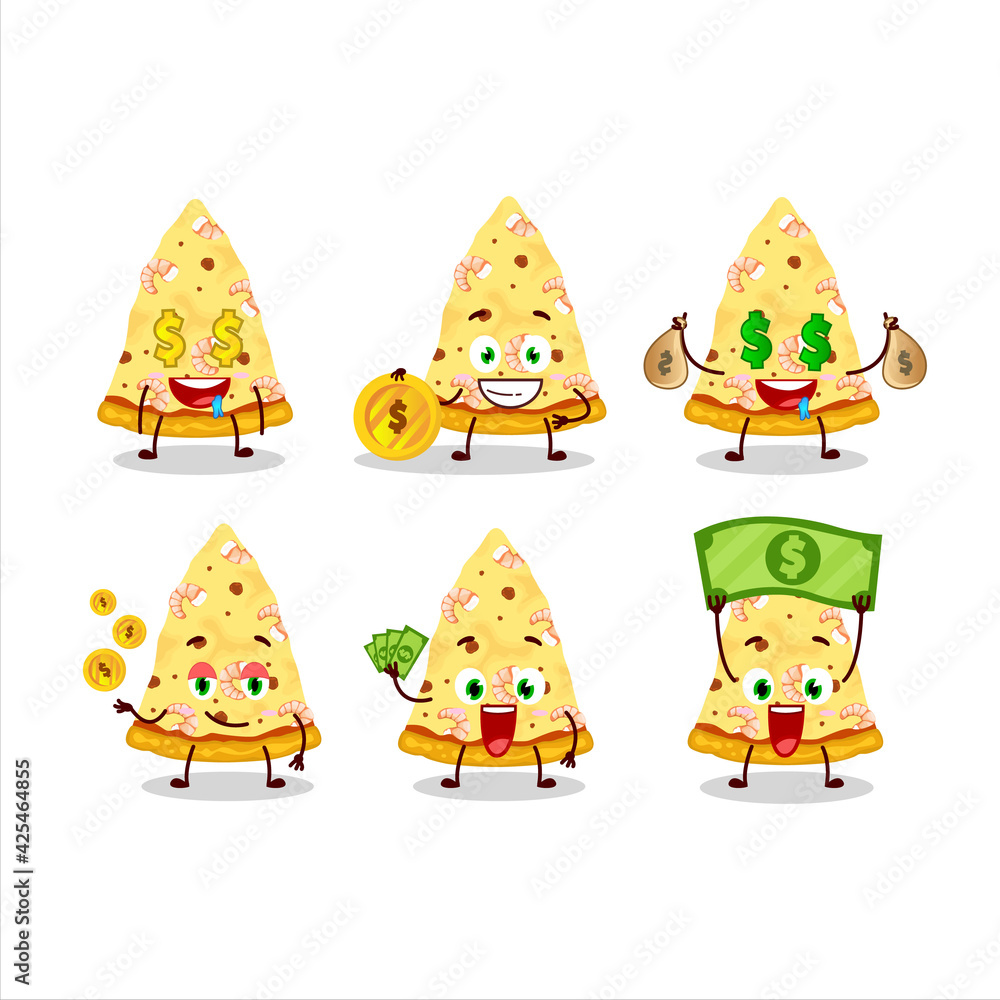 Slice of marinara pizza cartoon character with cute emoticon bring money Slice of marinara pizza cartoon character with cute emoticon bring money