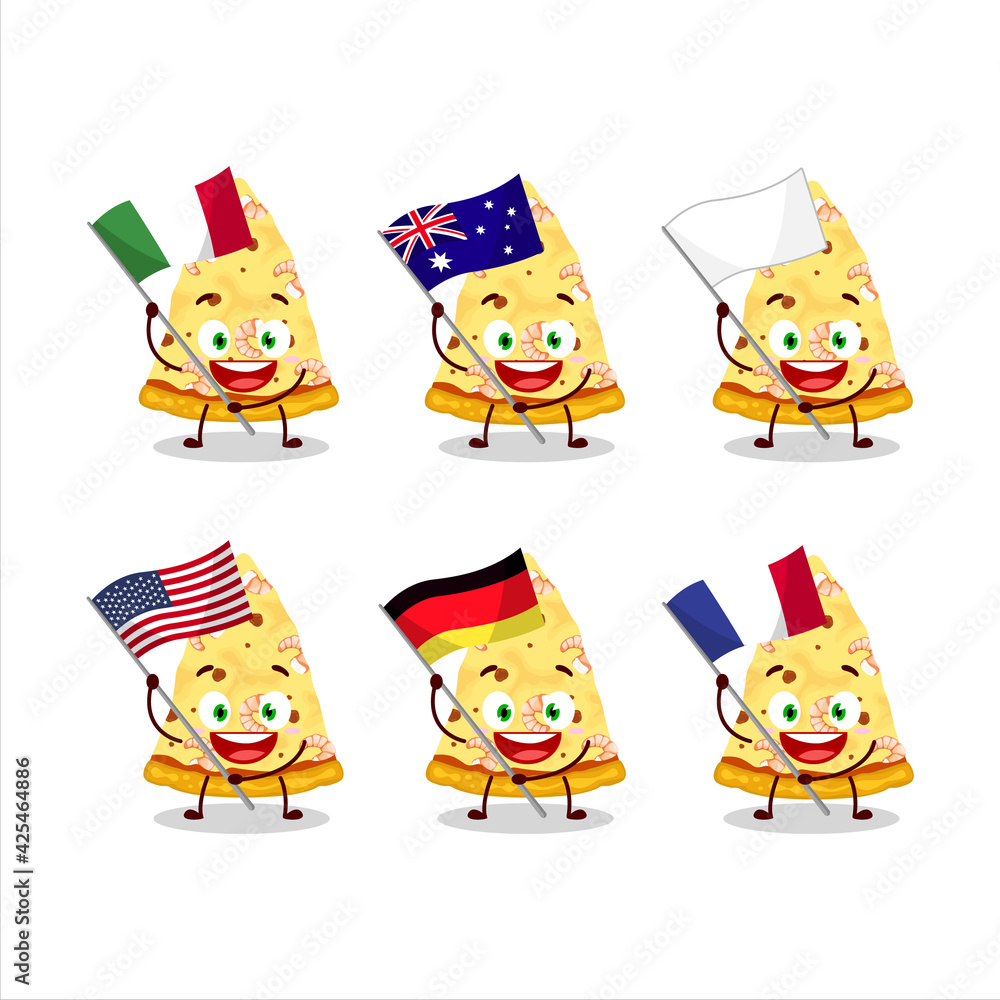 Slice of marinara pizza cartoon character bring the flags of various countries Slice of marinara pizza cartoon character bring the flags of various countries