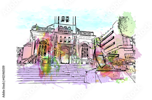 BUIlding view with landmark of Monte is the 
city in California. Watercolor splash with hand drawn sketch illustration in vector.