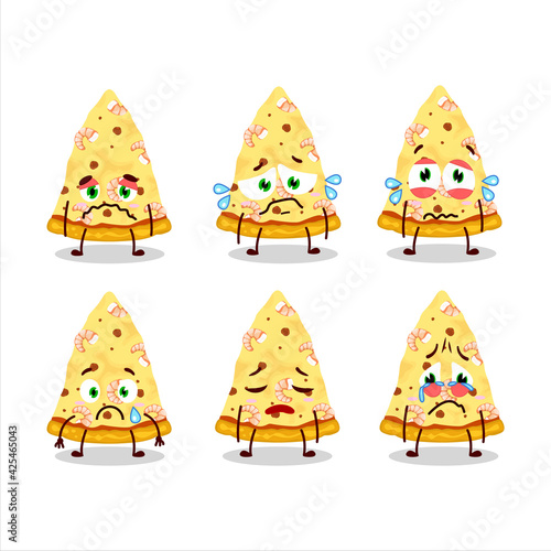 Slice of marinara pizza cartoon character with sad expression