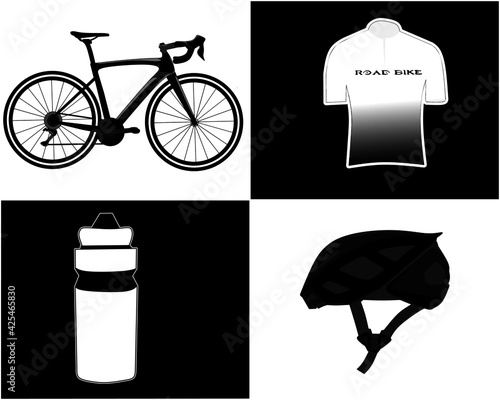 road bike sport gear icon set. consists of bicycle icons, jersey, helmet and drinking bottle. for icon content and cycling sports mascots.